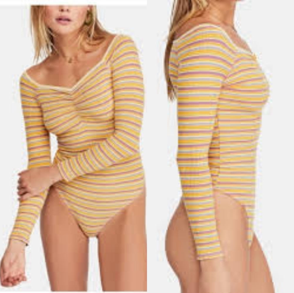 Free People Put A Stripe On It Bodysuit Yellow